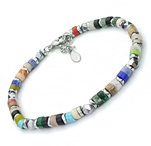 SAGA GIOIELLI® Bracciale Uomo Rondelle Pietre Dure Acciaio (MULTICOLOR)