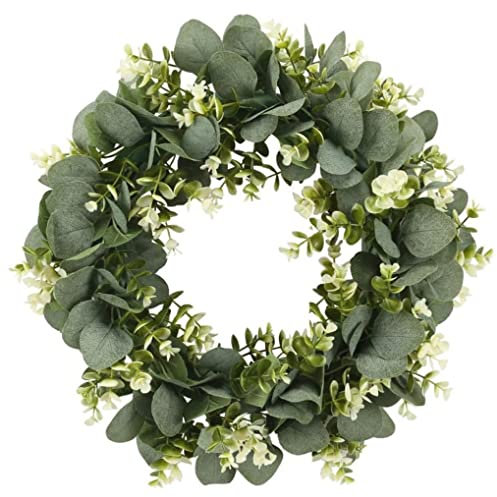 33cm Artificial Eucalyptus Wreath for Front Door Spring Summer Green Leaf Wreath for Door Window Home Decoration,Artificial Plant Wreath Simulation Eucalyptus Leaf Garland with Flowers