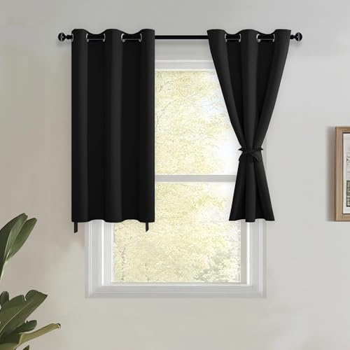 JIUZHEN Kurze Vorhänge, Küche, halbe Fenster, Verdunkelungsvorhänge mit Raffhaltern für Baseroom Shadows, Ösenvorhänge für Wohnzimmer, 2 Stück Fenstervorhangpaneele, 106 x 76 cm Länge, Schwarz