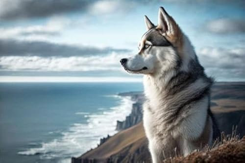 Holz-Bild 50 x 30 cm: Ein Siberian Husky-Hund bewundert die Landschaft von einem Berggipfel aus. Blick aufs Meer haben. Der Hund hat einen seewärts (200370057)