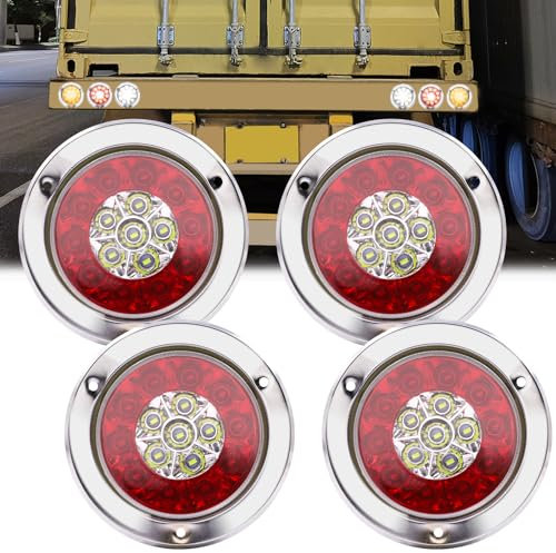 Ygmylandbb LED Feu de Freinage Feu, 4 pouces rondes 16 LED camion remorque arrêt de frein tourner feu arrière anneau chromé double couleur, 12V/24V Lot de 4