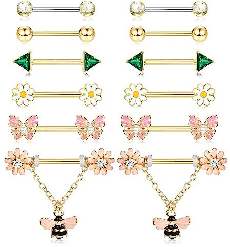 Kakonia 6 Paare 14G Nippelpiercing für Frauen 316L Edelstahl Herz Schmetterling Mond CZ Blume Barbell Nippel Ringe Set niedlich Brustwarzenpiercing-Schmuck