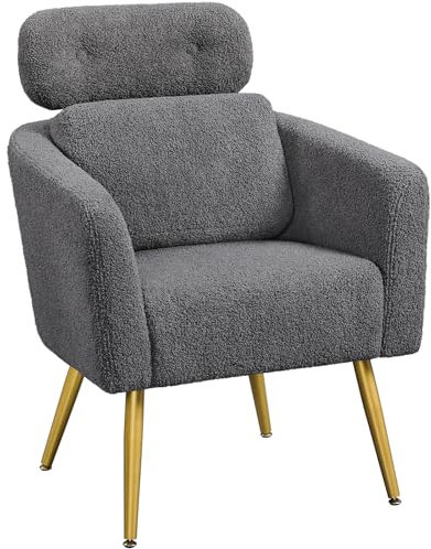 Yaheetech Fauteuil de Salon en Tissu Bouclette Fauteuil Arrondi Scandinave avec Appui-tête Réglable en Hauteur Coussin Lombaire pour Bureau Chambre 1/Gris foncé