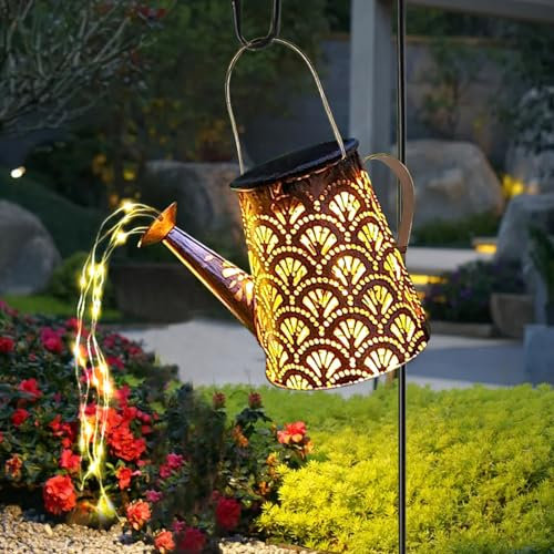 LQWELL Regadera solar con lámpara de luces de hadas de cascada para jardín al aire libre, lámpara de jardín con linterna vintage para patio, camino, césped, caminos, patio, decoración