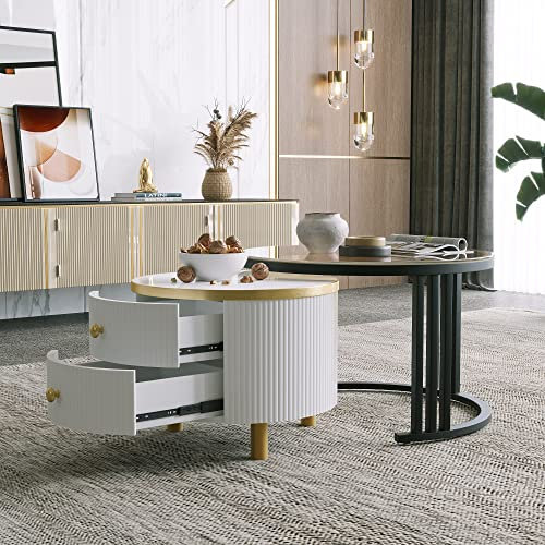 2 in 1 Runder Couchtisch aus MDF, Beistelltisch mit 1 Tischplatte in Marmoroptik und 1 aus Braunem Gehärtetem Glas, 2 Schubladen Kaffeetisch Tischkombination für Wohnzimmer (Marmor + gehärtetes Glas)