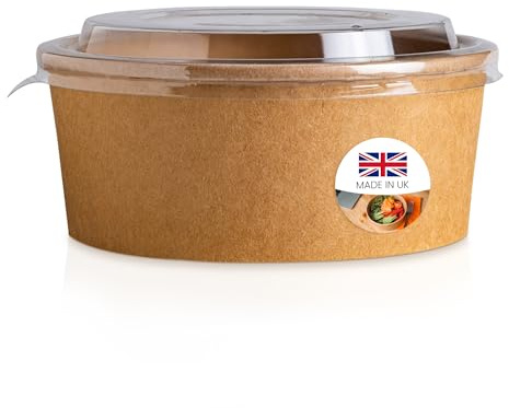 We Can Source It Ltd – Round Kraft Paper Bowls 1000ml with Lids – Disposable Cardboard Salad & Deli Containers for Takeaway, Catering, and Street Food – Secure Fit for Fresh Food Storage - Pack of 50