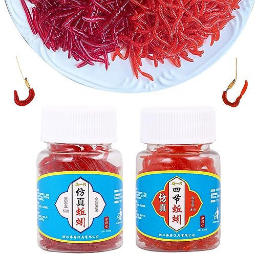 200 Pcs Fishing Soft Lure Trout Worm Earthworm Bait Lifelike Fake Bloodworm 1.2-1.9 in Power Bait Fresh Water Fishing Bait (2 Styles with Their Own Fishy Aroma)