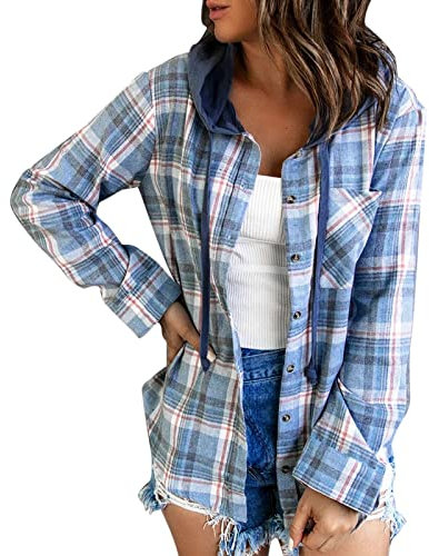 Sweat à Capuche pour Femme,Surchemise Femme Veste Carreaux Chemise Décontracté,avec Boutons,Automne Hiver Thermo Warm Blouse Costume Élégant Mode Bouffant Manches Longues À Capuche