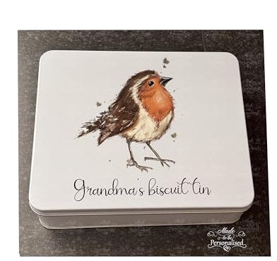 Personalised Robin biscuit tin, cookie treat tin, cake tin, family sweet tin, Christmas gift for Grandad, Grandma, Mum, Dad, unique gift for him & her (Medium)