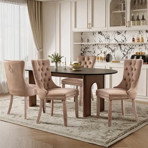 SoarTalent 4er Set Esszimmerstühle Samt gepolstert Nagelkopf, Khaki | Samt gepolstert, Nagelkopfbesatz, Massivholzbeinen, Metall-Ziehring, für Esszimmer & Wohnzimmer