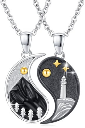 REDSUN Yin Yang Halskette 925 Sterling Silber Berg Sonne Anhänger Leuchtturm BBF Kette Freundschaftsketten Schmuck für Paar Mädchen Geschenke