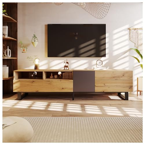 Racxily Meuble TV moderne, design noir et bois, meuble TV avec grain de bois, 180 cm (couleur du bois, A)
