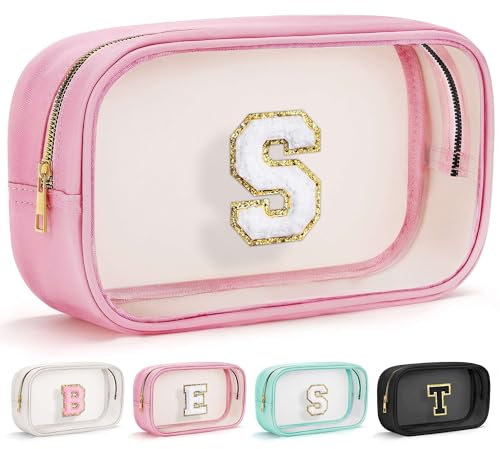 YOOLIFE Trousse de toilette transparente initiale - Trousse de maquillage transparente - Étanche - Cadeau de fête des mères - Cadeau de remise de diplôme pour enseignant, L - Rose, Large, Taille S
