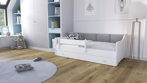 KOBI Weißes Eryk-Kinderbett | 160x80 | Polsterplatten | Schublade, Matratze, Geländer | Für das Kinderzimmer | Für EIN Mädchen | Für einen Jungen (Graue Paneele)