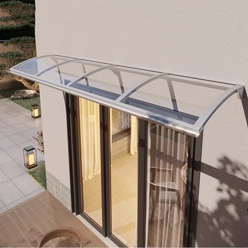 Pavillion Türvordach Regenschutz Beständiger,Vordach Überdachung Haustürvordach mit Regenrinne,Gebogene Fenster Markisen Aluminium Bügel und Transparente Platte Polycarbonat (80×240cm,Silver)