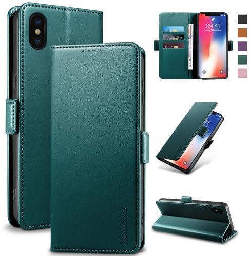 Yunubeyii Wallet Flip Case for iPhone X/XS - [RFID Blocking] Luxury PU Leather Card Holder Magnetic Phone Cover with Kickstand,Shockproof Protective Case,Green