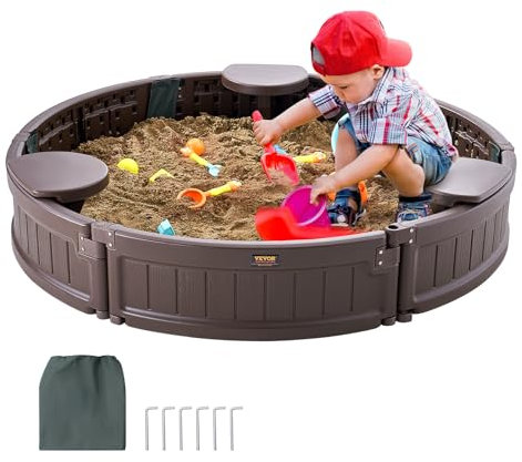 VEVOR Sabbiera con Coperchio 120 x 23 cm Sabbiera Rotonda in HDPE con 3 Posti ad Angolo, Rivestimento del Fondo, per Cortile all'Aperto, Spiaggia, Parco, per Ragazzi, Ragazze dai 3 ai 12 Anni, Marrone