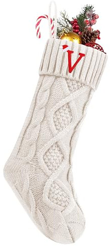 Personalisierte Weihnachtsstrümpfe mit Initialen, 45,7 cm, groß, bestickt, monogrammiert, Zopfmuster, Weihnachtsstrumpf für Familie, Weihnachtsfeiertag, Party, Geschenke und Dekoration für den Kamin