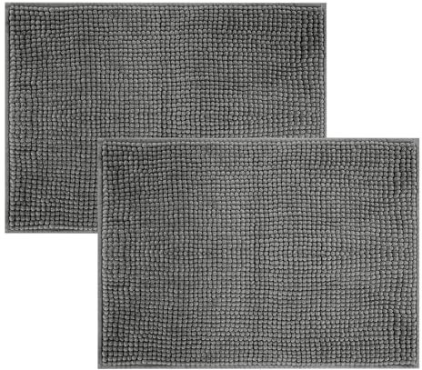 Imperial Rooms Bath Mat Non Slip Anti Mould (2 pack) - Grey Bath Mats 40x60cm, Chenille Bathroom Mat Super Absorbent Extra Soft Fluffy Shower Mat