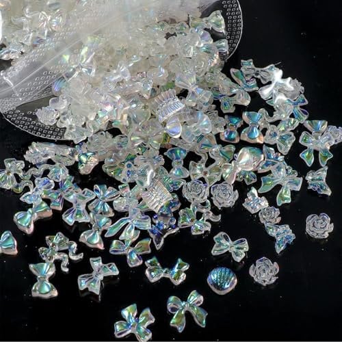 3D Nail Charms, 400 Pcs Multi Shapes Flower Bow Bear Heart Art Charms Rhinestones Gems Resin Decorations Accessories Jewels for Nail Design DIY Crafts (Aurora)
