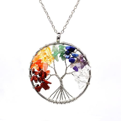 ZKGYUS Arbre de Vie Collier Pendentif, 7 Chakra Arbre de la Vie en Cristal Stone Pendentif Collier Femme, Cuivre Chakra Pierre Pendentif, Chaîne Pendentif Long Collier, Bijoux Pendentif Collier