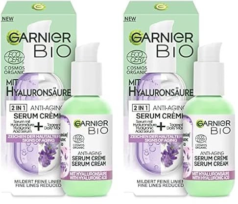 Garnier Bio 2-in-1 Anti-Aging Serum Crème, Anti-Aging Gesichtspflege mit Bio-Lavendel und Hyaluronsäure, Naturkosmetik für alle Hauttypen, 1 x 50 ml (Packung mit 2)