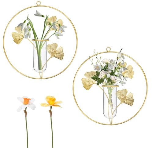 XINGYATU 2 Pcs Wall Hanging Glass Planters, Metal Hanging Indoor Plant Holder, Glass Cup Vases with Artificial Daffodils for Decor Terrariums, Wedding Outdoor Indoor Centerpieces