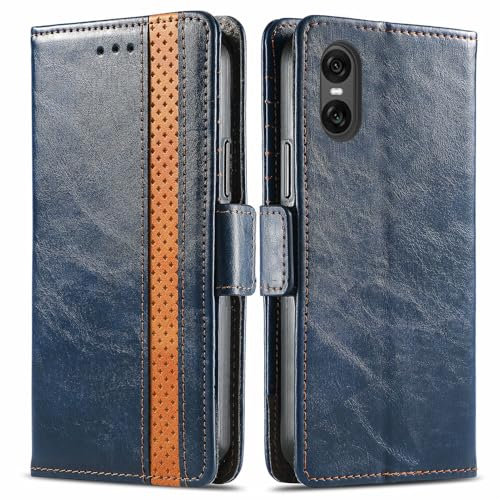 COQUE Hülle für Sony Xperia 10 Vi,schützende TPU-Leder-Klapphülle,Stand-Wallet-Faltschale,Business Splicing Schutzhülle für Sony Xperia 10 Vi-Blau