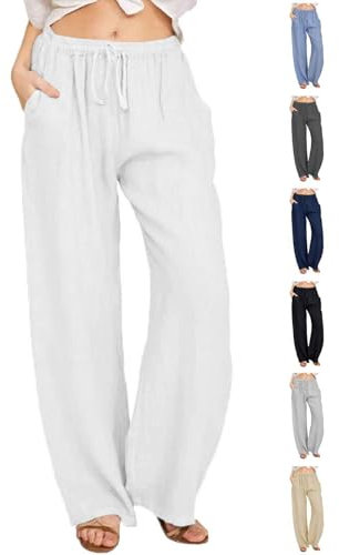 CheChury Damen Leinenhose Weite Sommerhosen Leicht mit Elastischem Bund Casual Loose Fit Trousers Freizeithose mit Taschen Frauen Hosen Hippie Boho Haremshosen