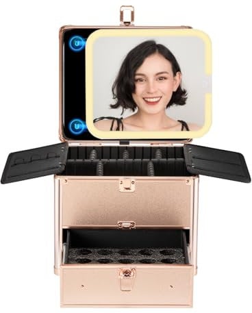 OMIRO Makeup Organiser Box with Detachable Magnetic Led Mirror and Drawer-Rose Gold