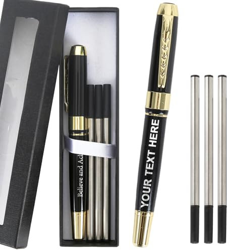 Tintenroller Personalisiert Kugelschreiber mit Gravur Tintenroller Hochwertig & 3 Stück Ersatzminen & Geschenkbox Set Rollerball Pen Dicke Mine Personalisierte Geschenke (250-Schwarz)