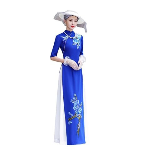 HAJHI Robe Vietnamienne Ao Dai Scène Spectacles Défilé Robe Chinoise Polyester Broderie Manches en 5 Points Qipao Mince Hébergement Modèle(4XL)