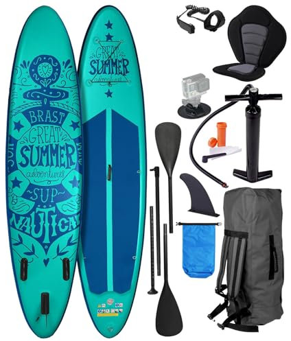 BRAST® SUP Board Summer | Aufblasbares Stand up Paddle Set | 320x81x15cm viele Modelle | 5 Jahre Garantie | inkl. Sonderzubehör | 2in1 Paddel Kajak-Sitz Action-Cam-Halterung Fußschlaufe |Türkis Dunkel