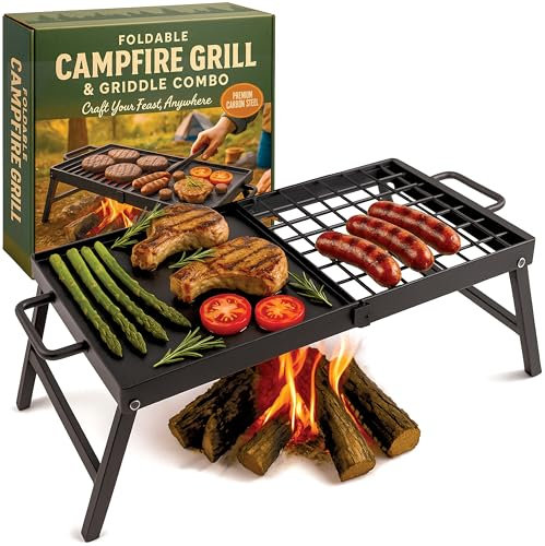Carbon Steel Foldable Campfire Grill – Portable Grill Grate & Griddle with Large Non-Stick Surface, Sturdy Fold-Out Legs, Compact for Storage, Use Over Fire Pit