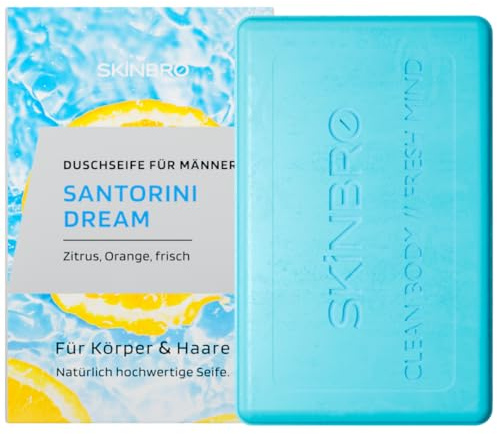SKINBRO® Festes Duschgel Männer Santorini Dream – Zitrus, Orange & Frisch | Duschseife Männer, Made in Germany, Nachhaltig- Silikonfrei, Seife Stück, feste Seife, Naturseife 100g