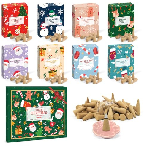 SCENTORINI Räucherkegel Weihnachten, 120St Gemischte Düfte Räucherkerze mit Räucherstäbchenhalter, für zu Weihnachten Geschenk, Yoga, Meditation 8 Düfte Apfelkuchen, Wald, Apfel und Zimt usw