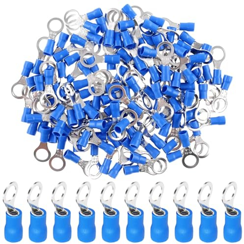 LKRXW 100 Pezzi Connettori Terminali ad Anello Rame M6 Capicorda Occhiello | Connettori Elettrici Capicorda ad Occhiello Anello RV 6,4mm Morsetti Isolati Crimpare Cavi Fil 1,5-2,5 mm² 16-14 AWG Blu
