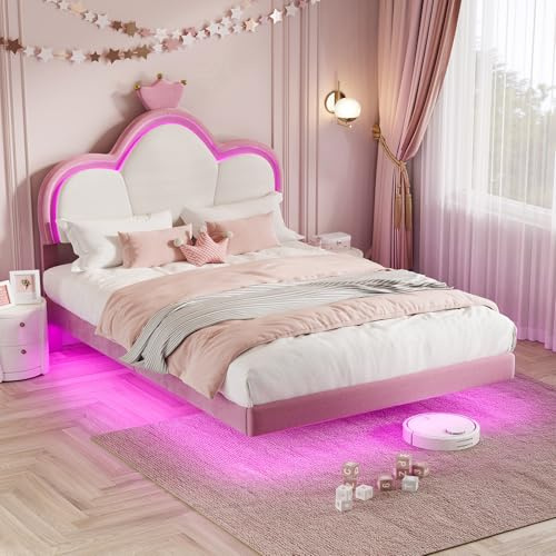 Artswish Princesse Fille Lit 140x200 cm LED, Flottant Rembourré avec Tête De Lit Réglable, Double avec, Cadre De à Lattes en Bois，Velours, Rose (sans Matelas)