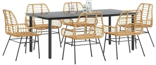 Owoxanthellate 7-teiliges Gartenmöbel Set aus Braunem Polyrattan mit Schwarzem Glastisch 200 x 100 cm Modernes Design Robuste Stahlstruktur für Terrasse Balkon und Wintergarten