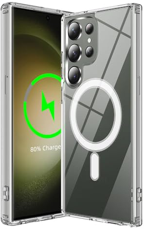 Techsuit für Samsung Galaxy S23 Ultra Hülle mit Magnetring, Kabelloses Laden, Luftkissen Ecken, Erhöhte Kanten, Kameraschutz, Anti Fingerabdruck, Magnetic Pro Series, PC TPU Hybrid, Transparent