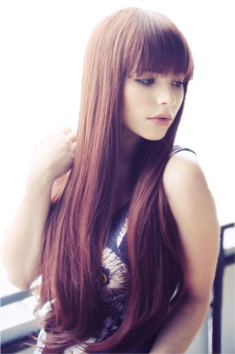 Prettyland C865 - Langhaar Perücke Braun 75cm Lang Glatt Viel Volumen Gerader Pony Wig