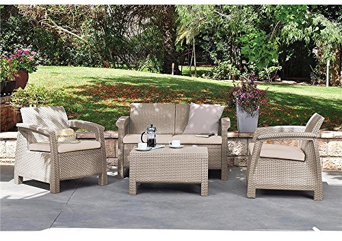 Keter Corfu Lounge Set, Gartenmöbel mit 2-Sitzer-Sofa, 2 Sessel und einen Tisch mit Kissen, Farbe Creme, 50 x 168 x 75 cm, Rattan, groß