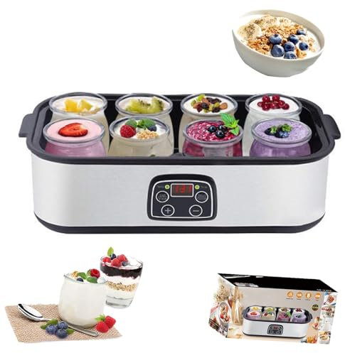Yogurtera, Yogurtera eléctrica, 1400Ml de Alta Capacidad con Temporizador Digital y Control de Temperatura y Tiempo Ajustables, con 8 Frascos de Vidrio Reutilizables para Yogurt Orgánico Casero
