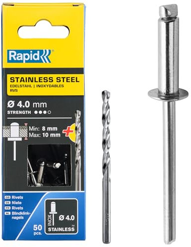 Rapid Blindnieten Edelstahl Ø 4mm, 8-10mm Klemmbereich, 50 Stk. V2A Nieten, Set inkl. Bohrer, für Blindnietzangen