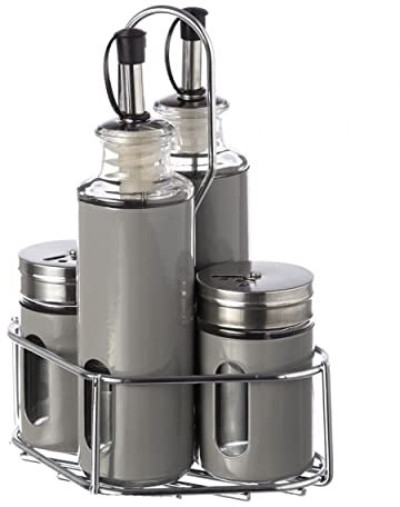 Hogar y Mas Aceitera y vinagrera, Pimentero, Salero de Cerámica, Base Metálica. Juego/Convoy de 4 Piezas, Diseño Original/Gris 15x12x20cm