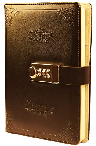 JunShop Digital Password Journal with Lock Retro Privacy Diary with Combination Lock Leather Binder Notebook Locking Journal Diary (Black)