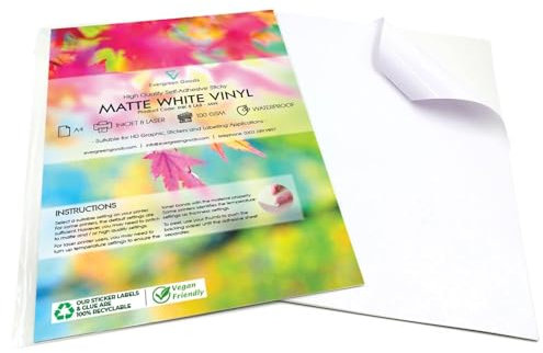 Evergreen Goods 100 Fogli Opaco Bianco Vinile Carta Etichette Adesive | Vinile Stampabile Carta Per Stampanti Inkjet E Laser | Carta Adesiva Impermeabile Per Etichette E Stampa Di Adesivi
