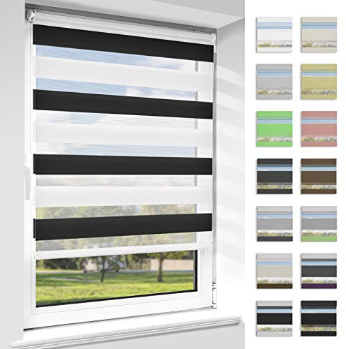 OUBO Doppelrollo Klemmfix, Rollos für Fenster ohne Bohren & mit Bohren (Schwarz-weiß, 70cm x 120cm), Duo Rollo Klemmrollo Fensterrollo Easyfix, lichtdurchlässig und verdunkelnd.