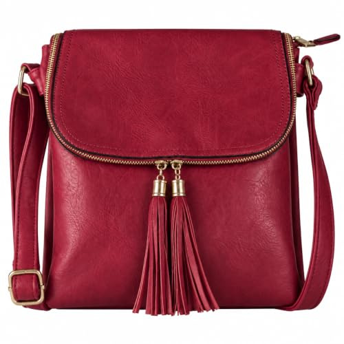 Mabel London - Damen Crossbody Handtaschen - Trendige Messenger Lange Schulterriemen Taschen in verschiedenen Stilen, Design 5 - Deep Red, Einheitsgröße