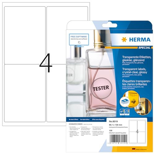 HERMA 8019 Wetterfeste Folienetiketten transparent, 800 Blatt, 99,1 x 139 mm, 4 pro A4 Bogen, 3200 Stück, selbstklebend, bedruckbar, glänzend, blanko Klebeetiketten Aufkleber aus Folie, durchsichtig